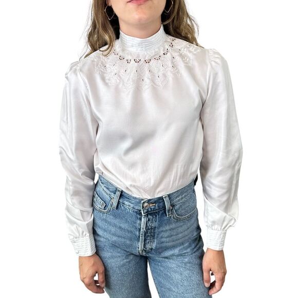 The Ascot Collection by Lady Arrow Broderie Anglaise Top Vintage 70s High Neck - Picture 1 of 7